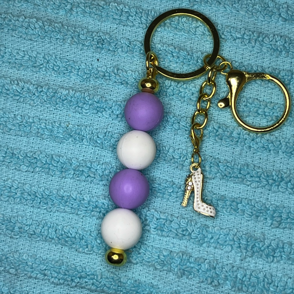 Purple and White Beaded Keychain with Gold Accents